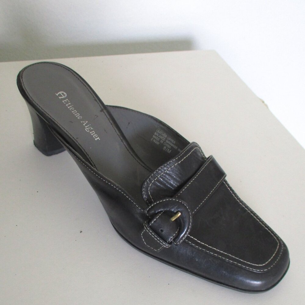 Etienne Aigner Womens Black Leather Slide w/2.5" Heel - Size 8.5M - Picture 2 of 8